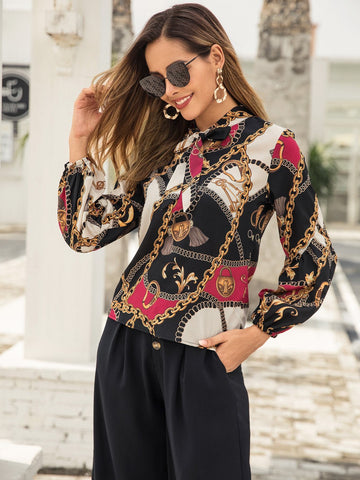 Chain Print Tie Neck Blouse