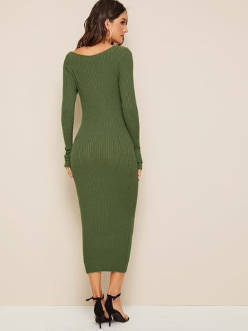 Solid V-neck Jumper Dress Without Belt