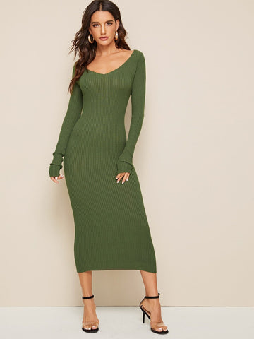 Solid V-neck Jumper Dress Without Belt