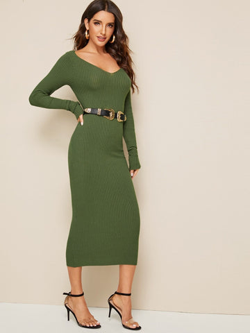 Solid V-neck Jumper Dress Without Belt