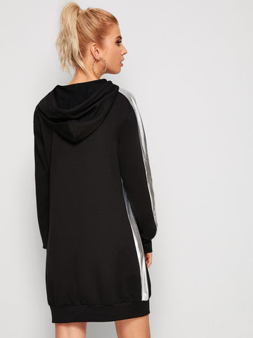 Contrast Panel Side Drawstring Hooded Sweatshirt Dress