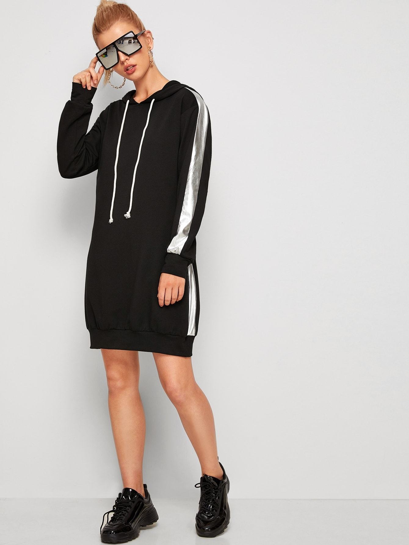 Contrast Panel Side Drawstring Hooded Sweatshirt Dress