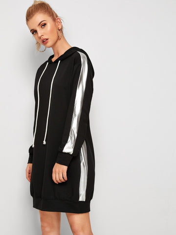 Contrast Panel Side Drawstring Hooded Sweatshirt Dress