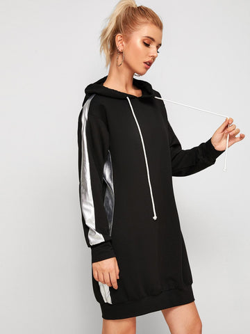 Contrast Panel Side Drawstring Hooded Sweatshirt Dress