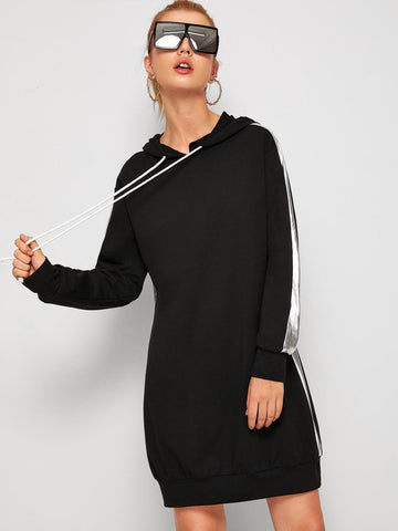 Contrast Panel Side Drawstring Hooded Sweatshirt Dress