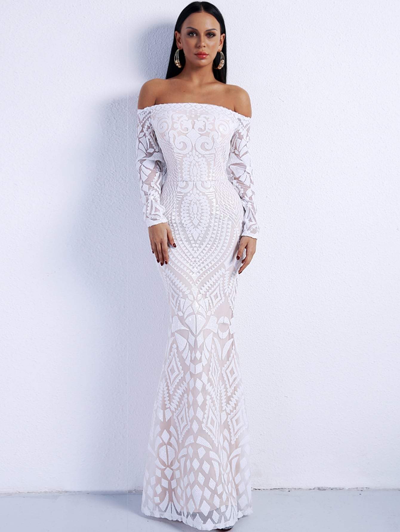 Missord Off Shoulder Zip Back Sequin Maxi Dress