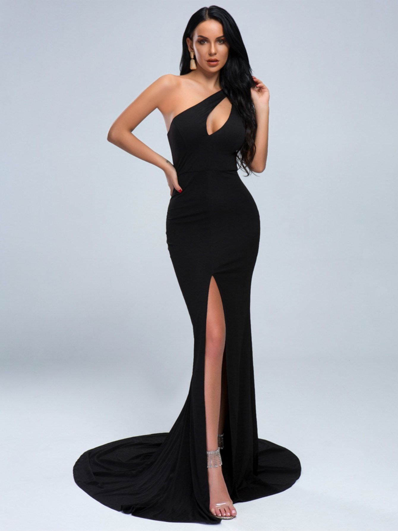 Missord One Shoulder Split Thigh Cut-out Floor Length Dress