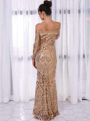 Missord Off Shoulder Zip Back Sequin Maxi Dress