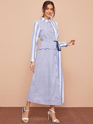 Asymmetrical Hem Striped Tie Side Shirt Dress