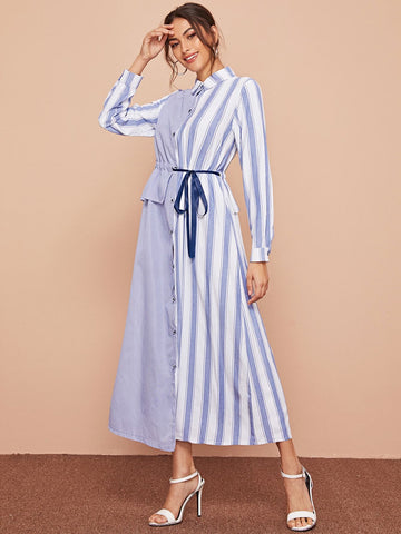 Asymmetrical Hem Striped Tie Side Shirt Dress