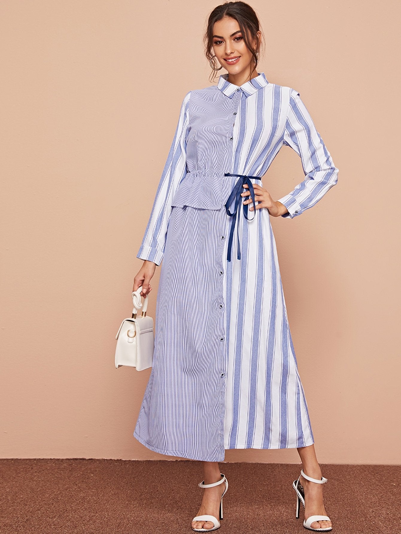 Asymmetrical Hem Striped Tie Side Shirt Dress