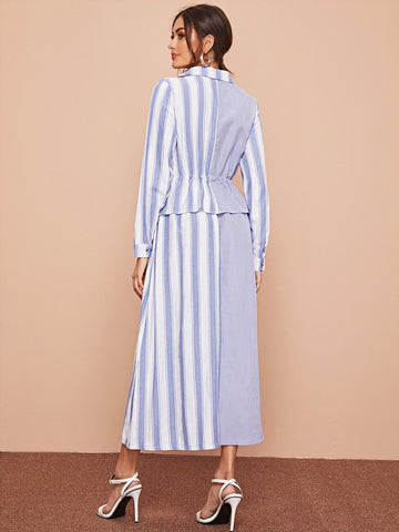 Asymmetrical Hem Striped Tie Side Shirt Dress