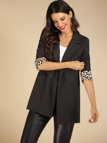 Leopard Print Cuff Notched Neck Blazer