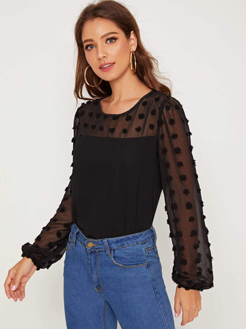 Swiss Dot Mesh Contrast Blouse