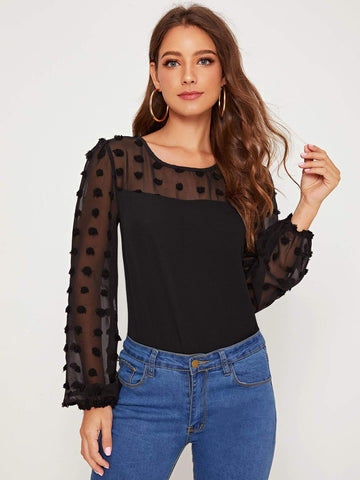 Swiss Dot Mesh Contrast Blouse