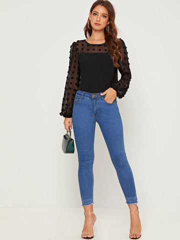 Swiss Dot Mesh Contrast Blouse