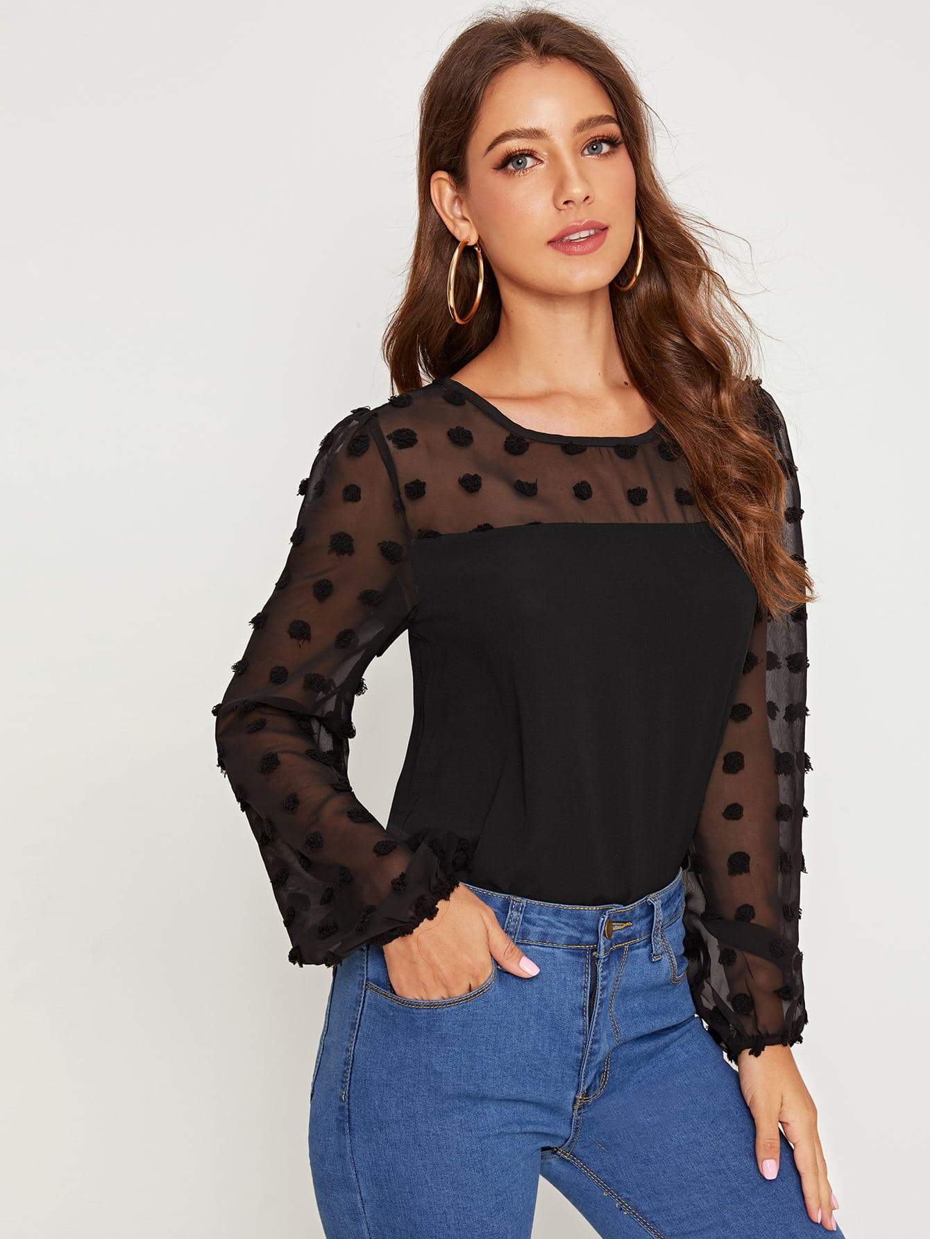 Swiss Dot Mesh Contrast Blouse