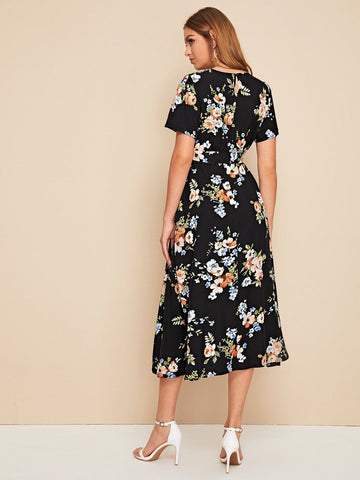 Allover Floral Print Belted Dress