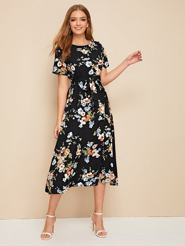 Allover Floral Print Belted Dress