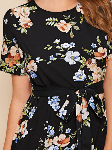 Allover Floral Print Belted Dress