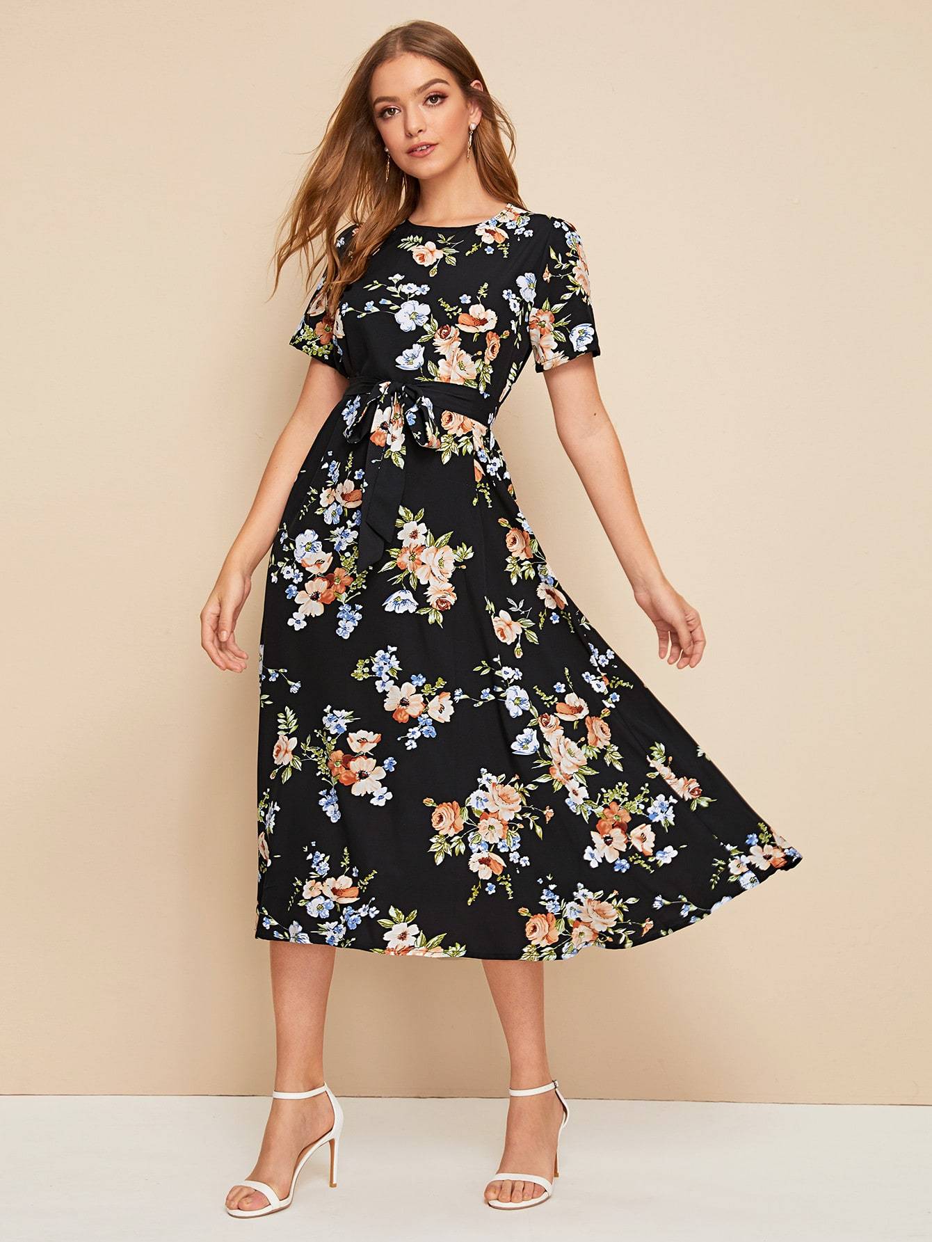 Allover Floral Print Belted Dress