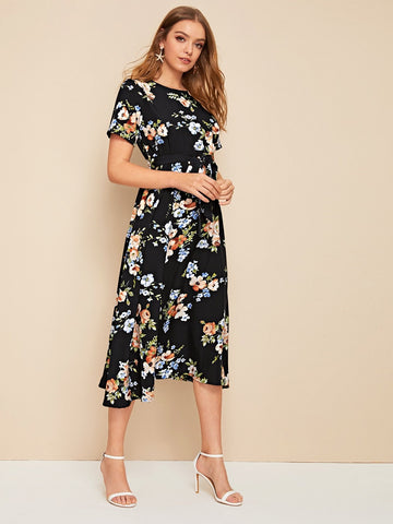 Allover Floral Print Belted Dress