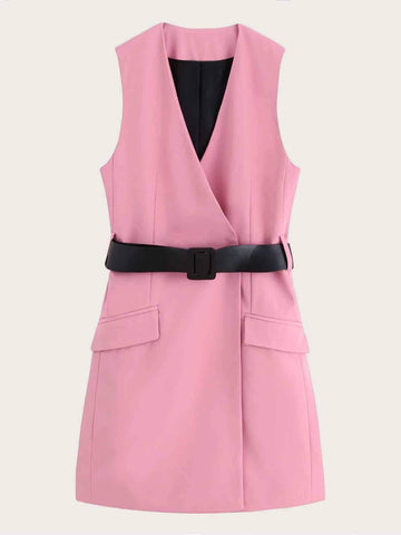 Belted Flap Pocket Vest Blazer Dress