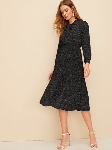 Confetti Print Tie Neck Dress