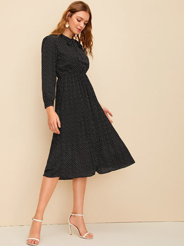 Confetti Print Tie Neck Dress