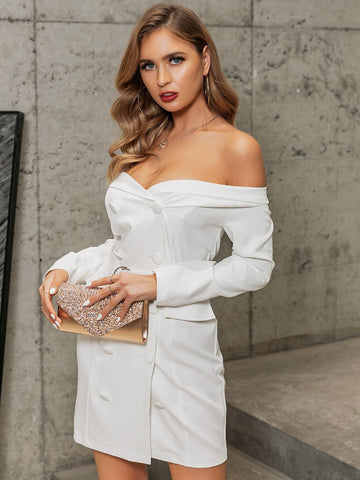 Glamaker Off Shoulder Double Breasted Belted Blazer Dress