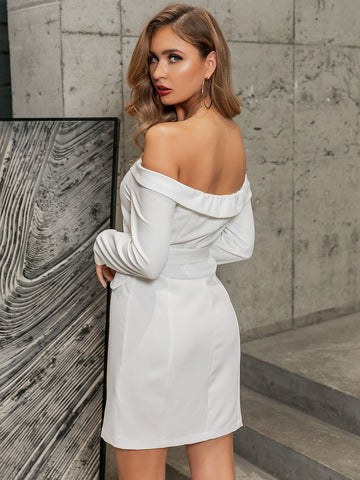 Glamaker Off Shoulder Double Breasted Belted Blazer Dress