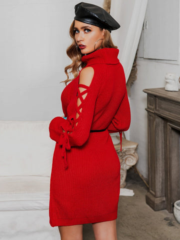 GLAMAKER High Neck Lace Up Shoulder Jumper Dress Without Bag