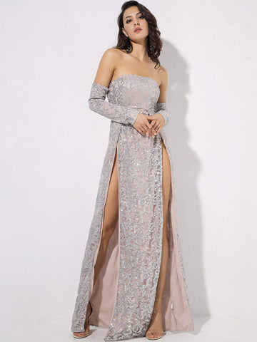 LOVE&LEMONADE Off Shoulder Split Thigh Sequin Dress