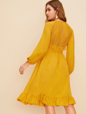 Fringe Trim Ruffle Hem Self Tie Dress