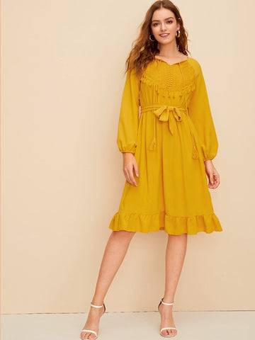 Fringe Trim Ruffle Hem Self Tie Dress