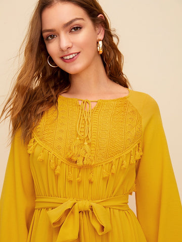 Fringe Trim Ruffle Hem Self Tie Dress