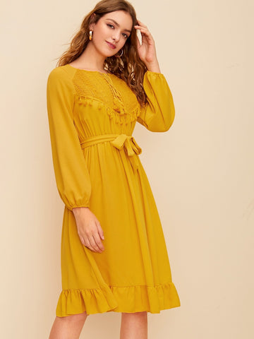 Fringe Trim Ruffle Hem Self Tie Dress