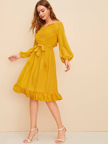 Fringe Trim Ruffle Hem Self Tie Dress