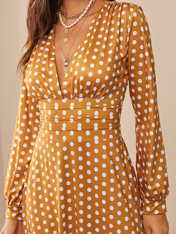 Deep V-neck Polka Dot Dress