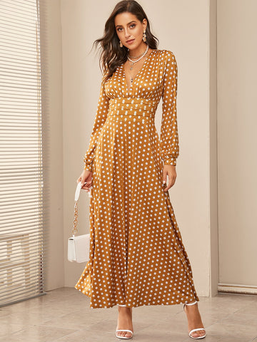 Deep V-neck Polka Dot Dress