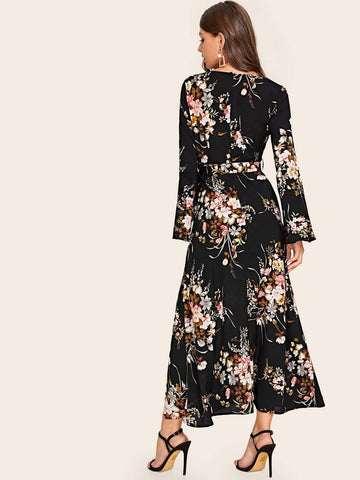 Self Tie Floral Print Maxi Dress