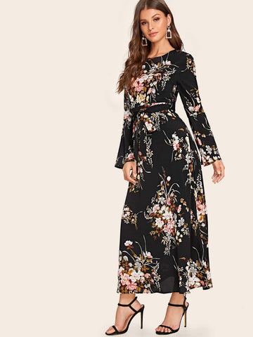 Self Tie Floral Print Maxi Dress