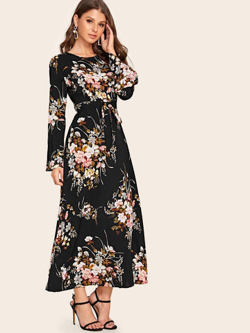 Self Tie Floral Print Maxi Dress