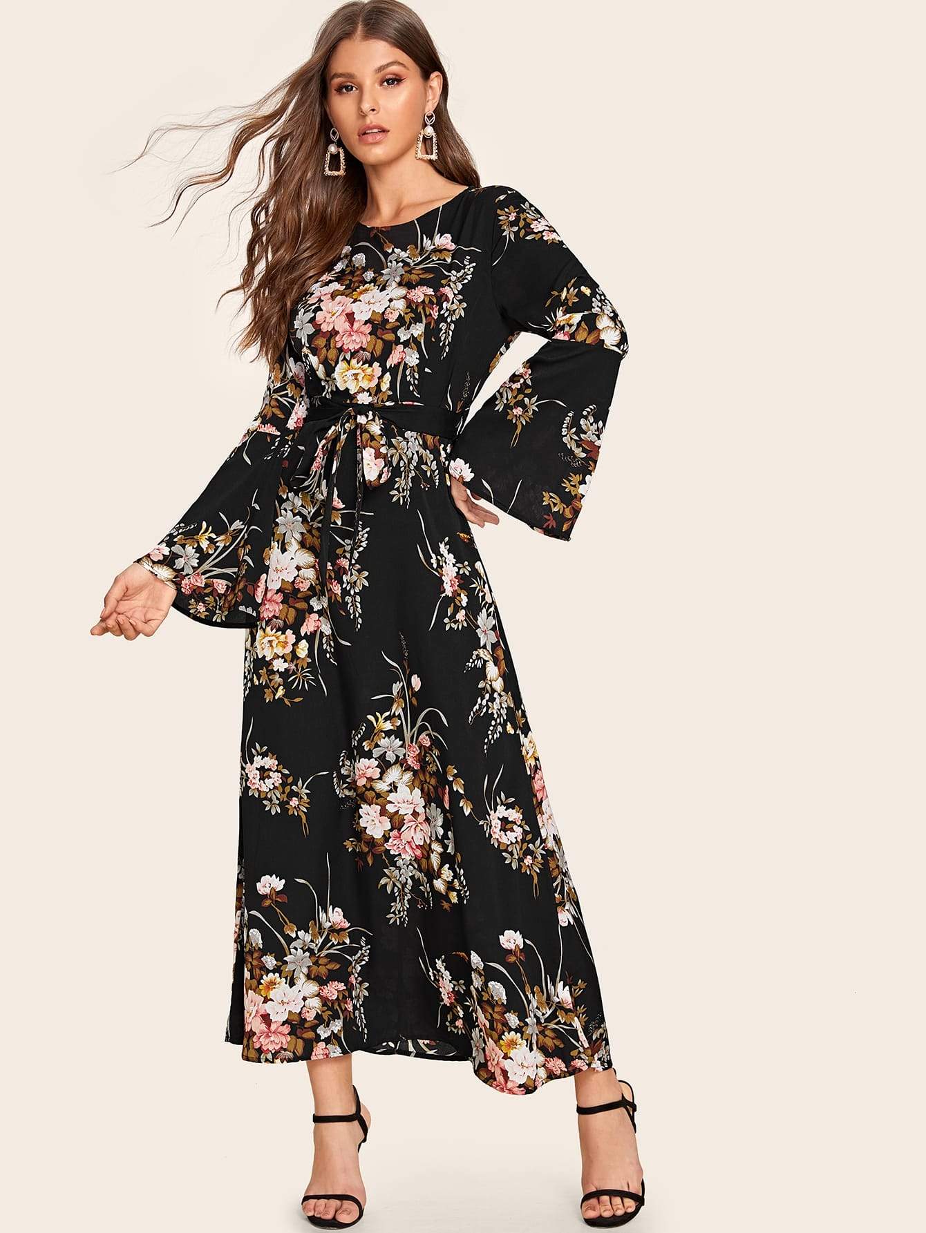 Self Tie Floral Print Maxi Dress