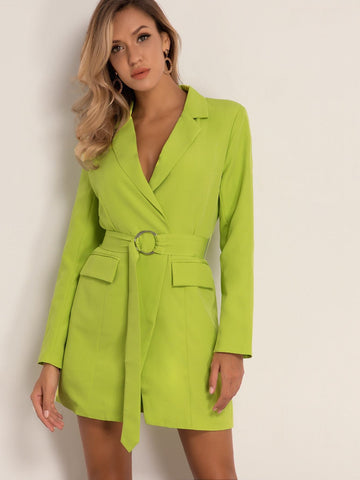 Joyfunear Solid Flap O-ring Belted Blazer Dress