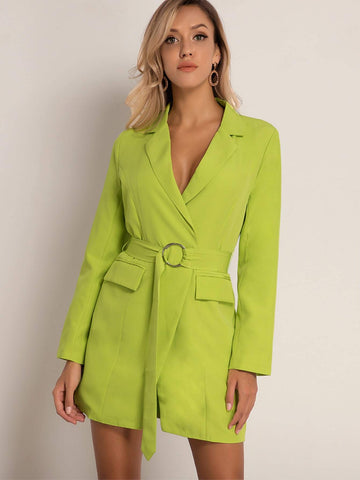 Joyfunear Solid Flap O-ring Belted Blazer Dress