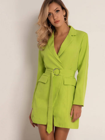 Joyfunear Solid Flap O-ring Belted Blazer Dress