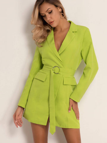 Joyfunear Solid Flap O-ring Belted Blazer Dress