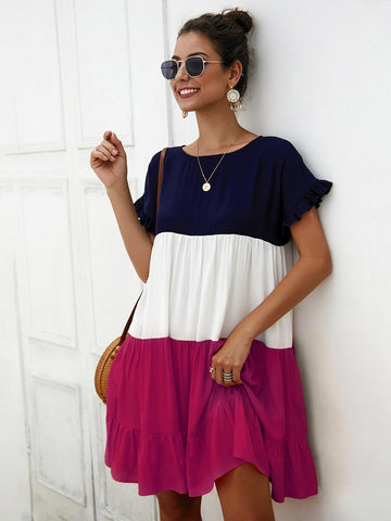 Colour Block Frill Ruffle Hem Dress