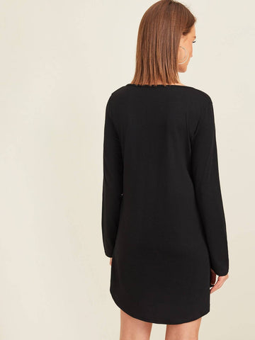 Solid V Neck Curved Hem Dress